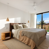 Panama natural rattan side table styled as a bedside table in a modern bedroom.